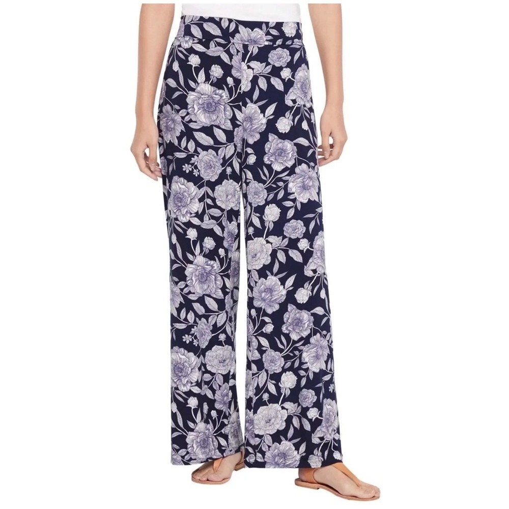 Three Dots Women XXL Floral Wide Leg Pant Navy Classic Stretch Pull On Pocket